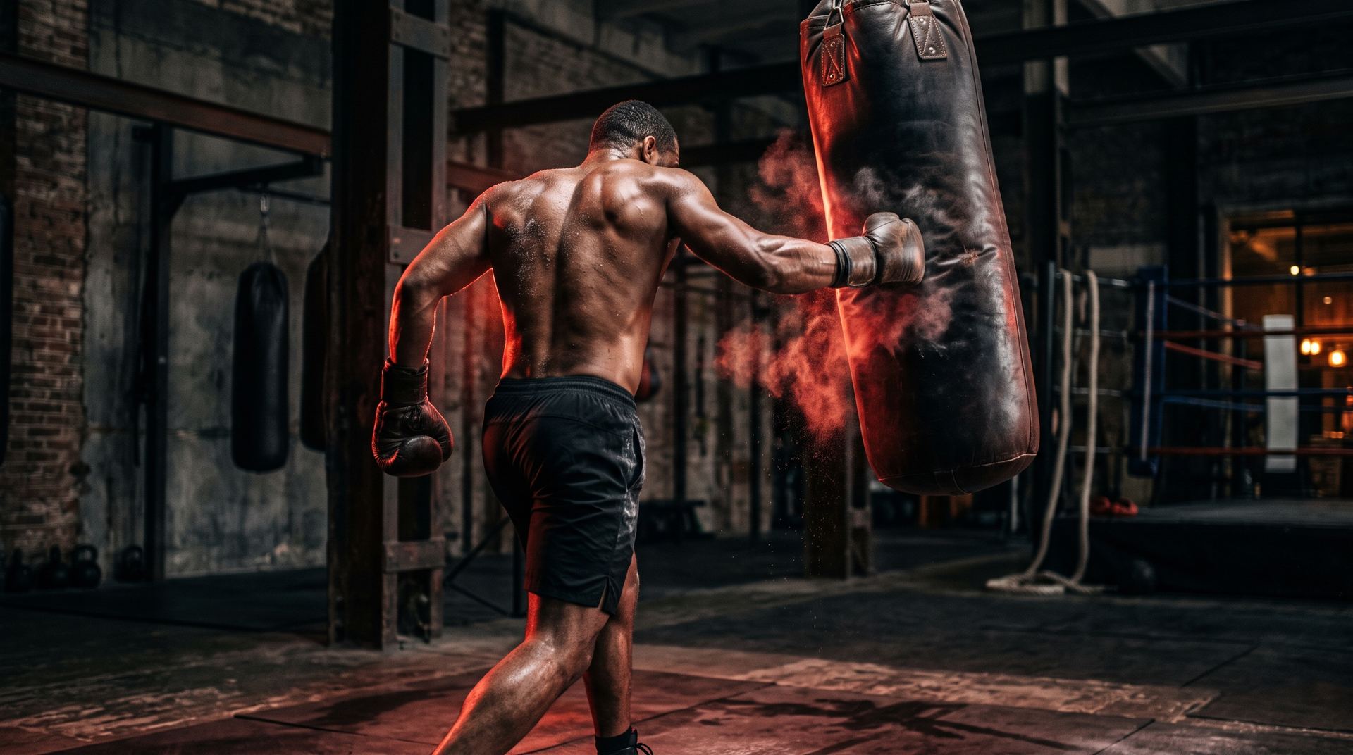 Boxer trainiert am schweren Sandsack in der Halle des Boxclubs Eisenfaust