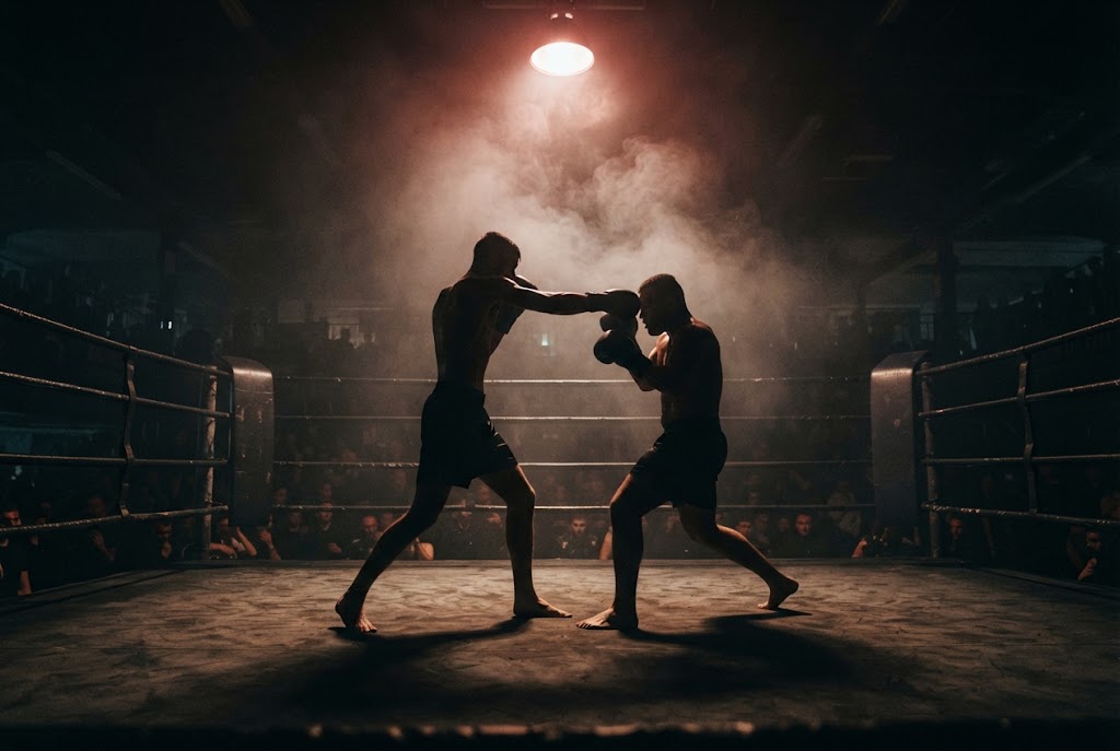 Zwei Kämpfer beim Sparring im Ring unter einem einzelnen Scheinwerfer