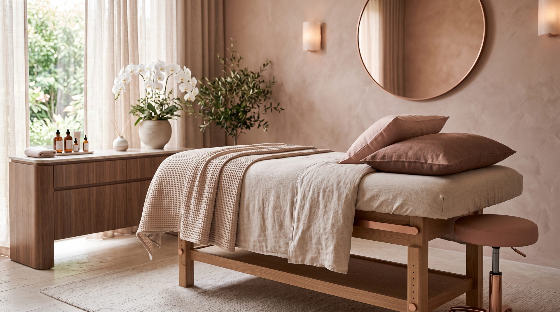 Behandlungsraum von AURA Skin Atelier in Blush- und Kakaotönen mit Liege am Fenster