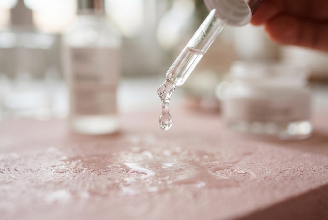 Tropfen eines Wirkstoffserums fällt aus der Pipette — Heimpflege nach der Behandlung