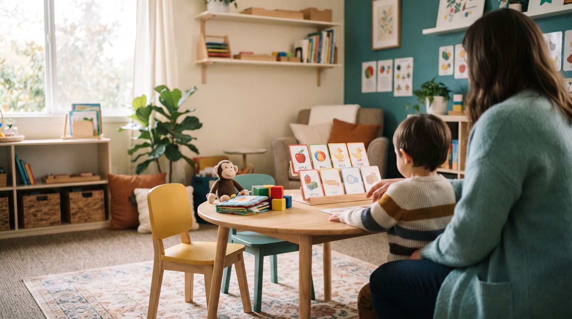 Heller Therapieraum von KLARSTIMME mit rundem Tisch, Bildkarten und Logopädin, die mit einem Kind arbeitet