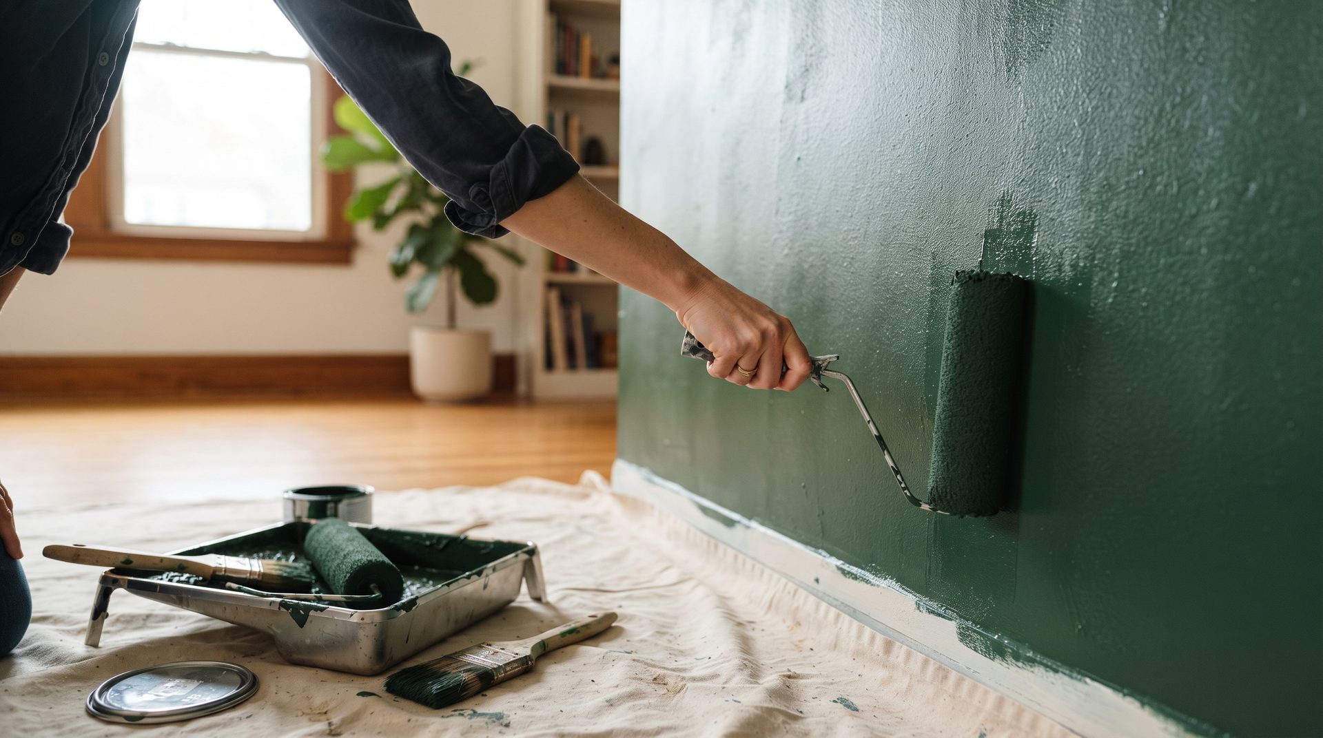 Maler rollt tiefgrüne Farbe auf eine Wand, der Boden ist mit Malervlies abgedeckt