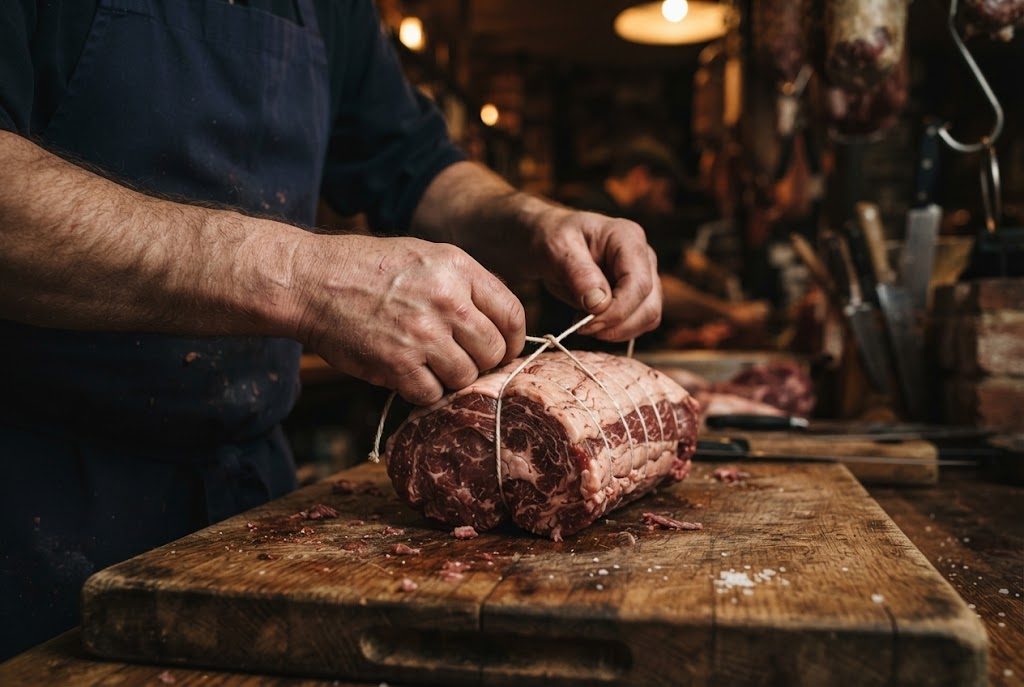 Metzgerhände binden einen Rollbraten mit Küchengarn auf dem Holzbrett