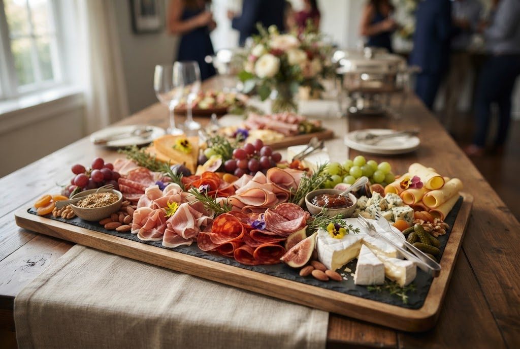 Angerichtete Party-Platte mit Aufschnitt, Käse und Obst auf einer langen Festtafel