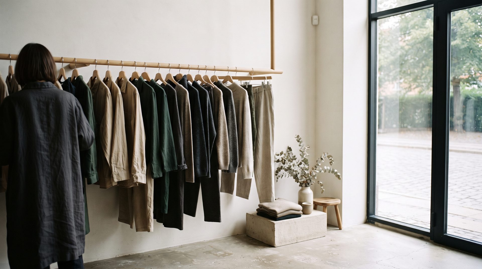 Innenraum des Concept Stores: Eichenstange mit Leinen- und Wollteilen in Sand, Tannengrün und Anthrazit, Blick zur Straße