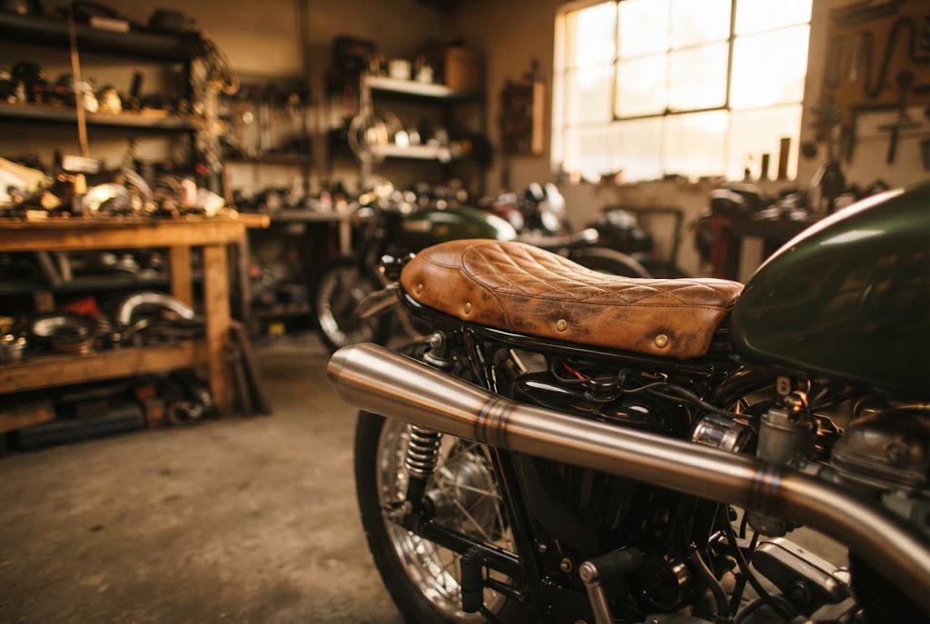 Fertiger Café-Racer-Umbau mit gestepptem Ledersitz und poliertem Auspuff im Werkstattlicht