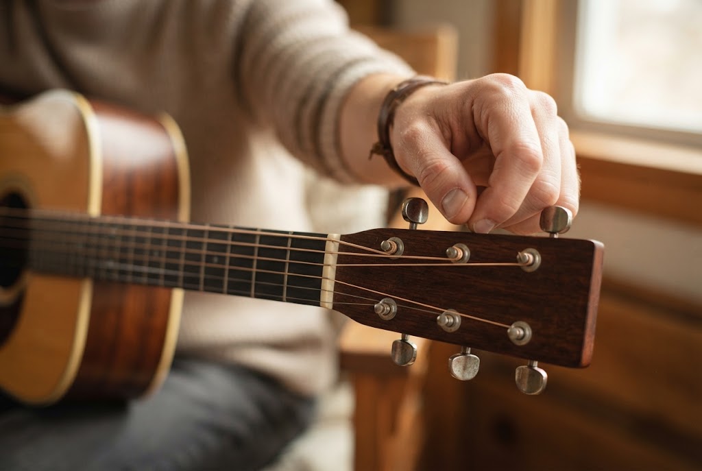 Erwachsener stimmt die Saiten einer Akustikgitarre