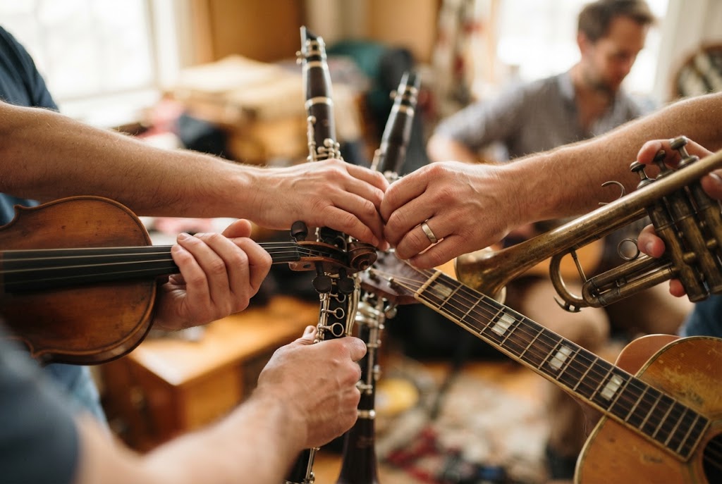 Hände mit Violine, Klarinette, Trompete und Gitarre in einem Ensemblekreis