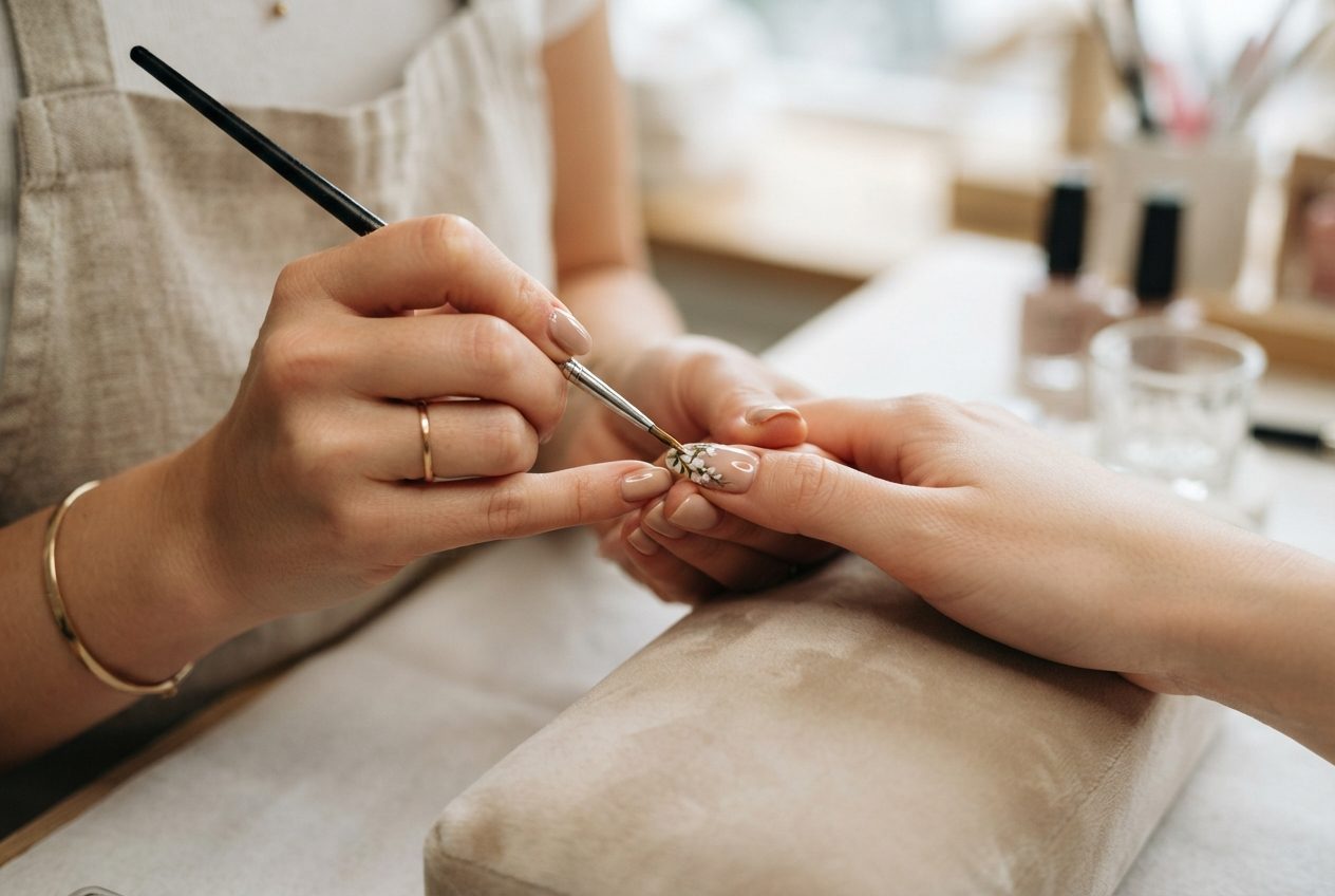 Nageldesignerin malt mit feinem Pinsel Nail-Art auf den Nagel einer Kundin