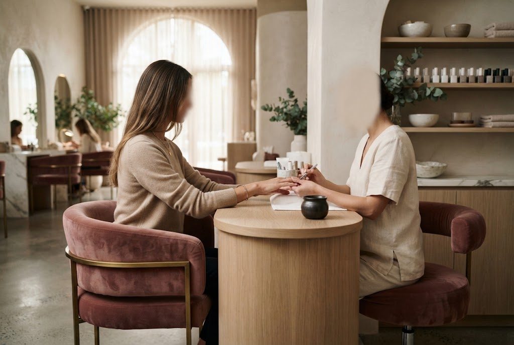 Helles, minimalistisches Nagelatelier mit rosa Samtsesseln, eine Kundin bei der Maniküre
