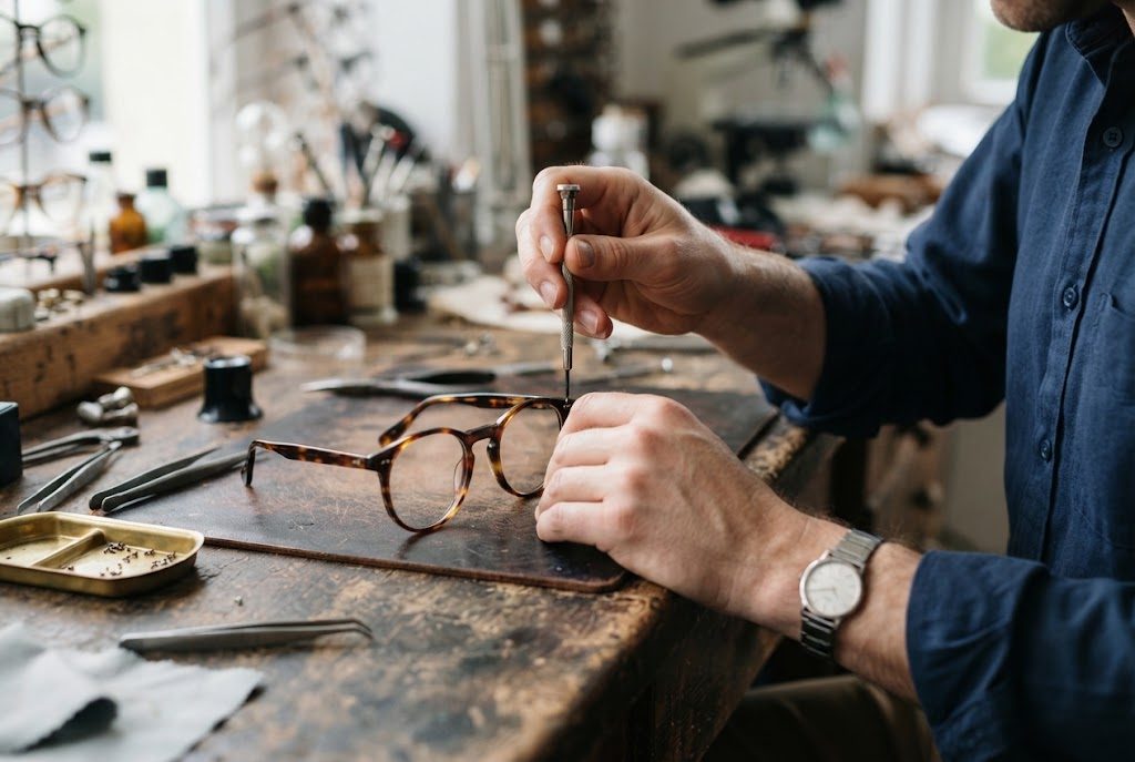 Hände eines Augenoptikers justieren eine Brille in Hornoptik an der Werkbank