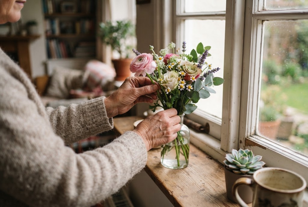 Hände einer Pflegekraft stellen frische Blumen in eine Vase auf der Fensterbank