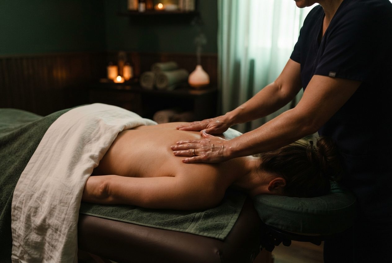 Therapeutenhände bei der manuellen Behandlung des Rückens auf der Behandlungsliege