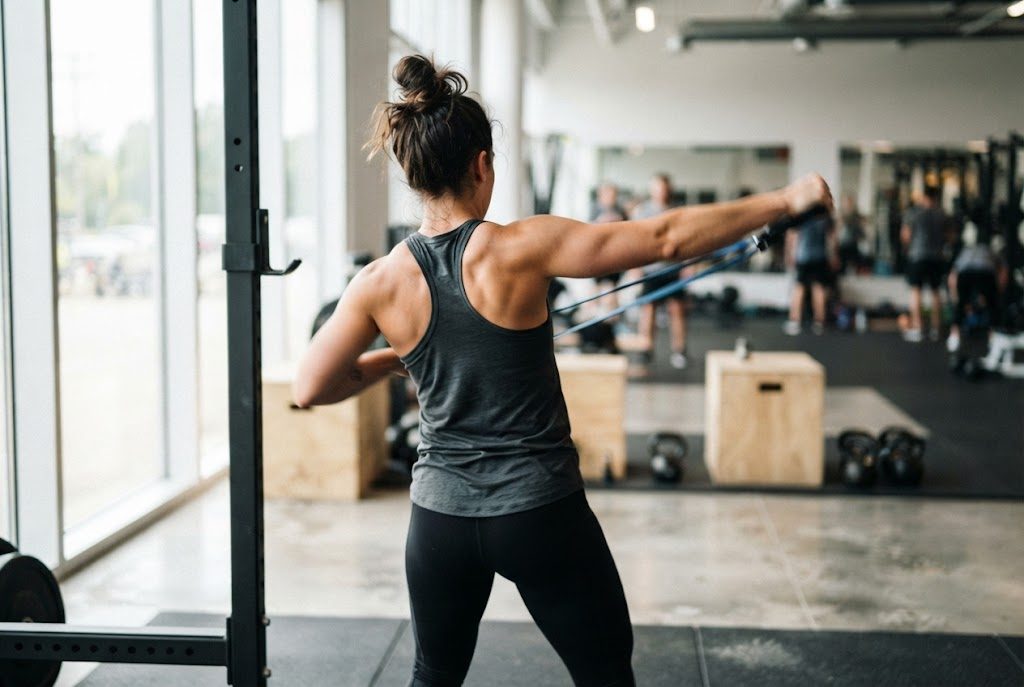 Athletin trainiert die Schulter mit dem Widerstandsband im Reha-Training
