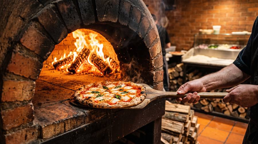 Pizzabäcker schiebt eine blubbernde Margherita mit dem Holzschieber in den glühenden Steinofen