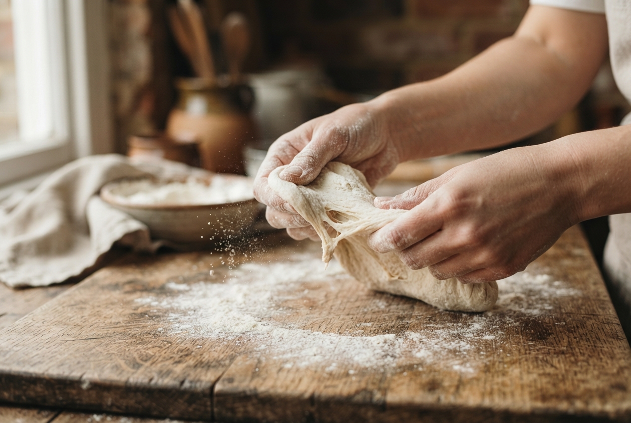 Bemehlte Hände ziehen frischen Pizzateig auf einem Holzbrett aus