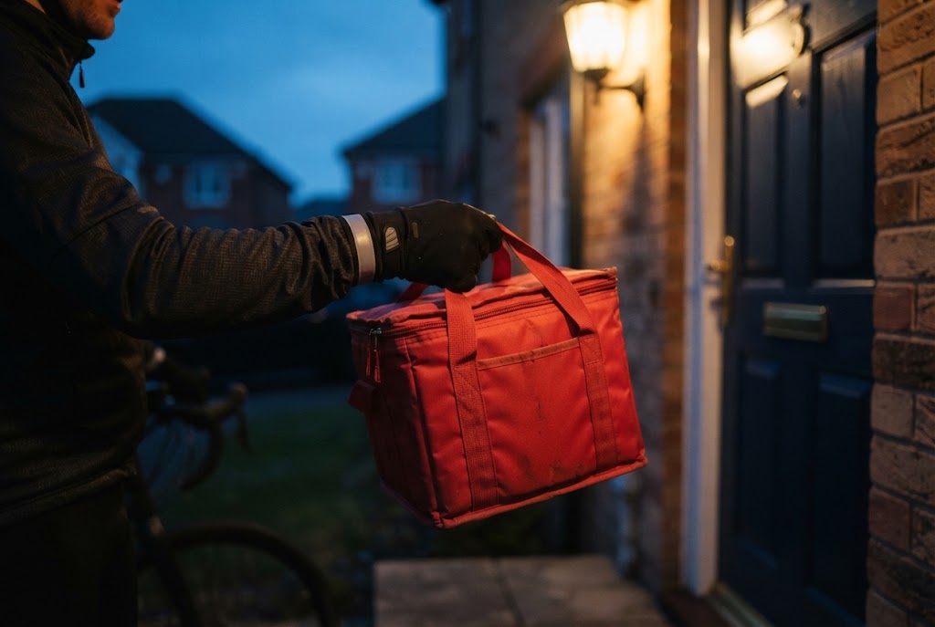 Fahrer übergibt abends eine rote Thermobox an einer beleuchteten Haustür