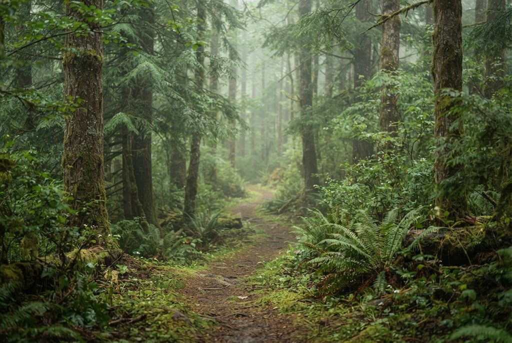Ein schmaler Waldweg im Morgennebel zwischen hohen Bäumen