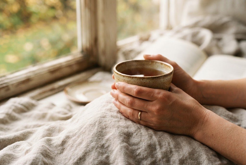 Zwei Hände halten eine Tasse Tee auf einer Leinendecke am Fenster