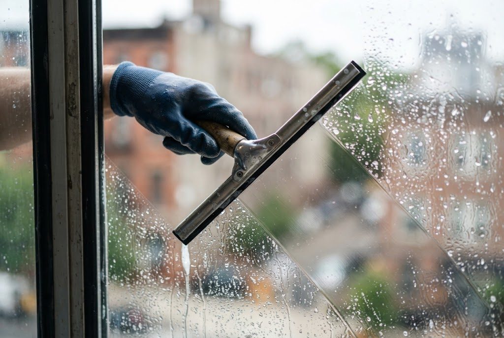 Hand im Handschuh zieht mit dem Abzieher eine Fensterscheibe streifenfrei ab