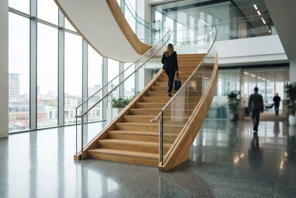 Frisch gereinigtes, helles Treppenhaus in einem Bürogebäude
