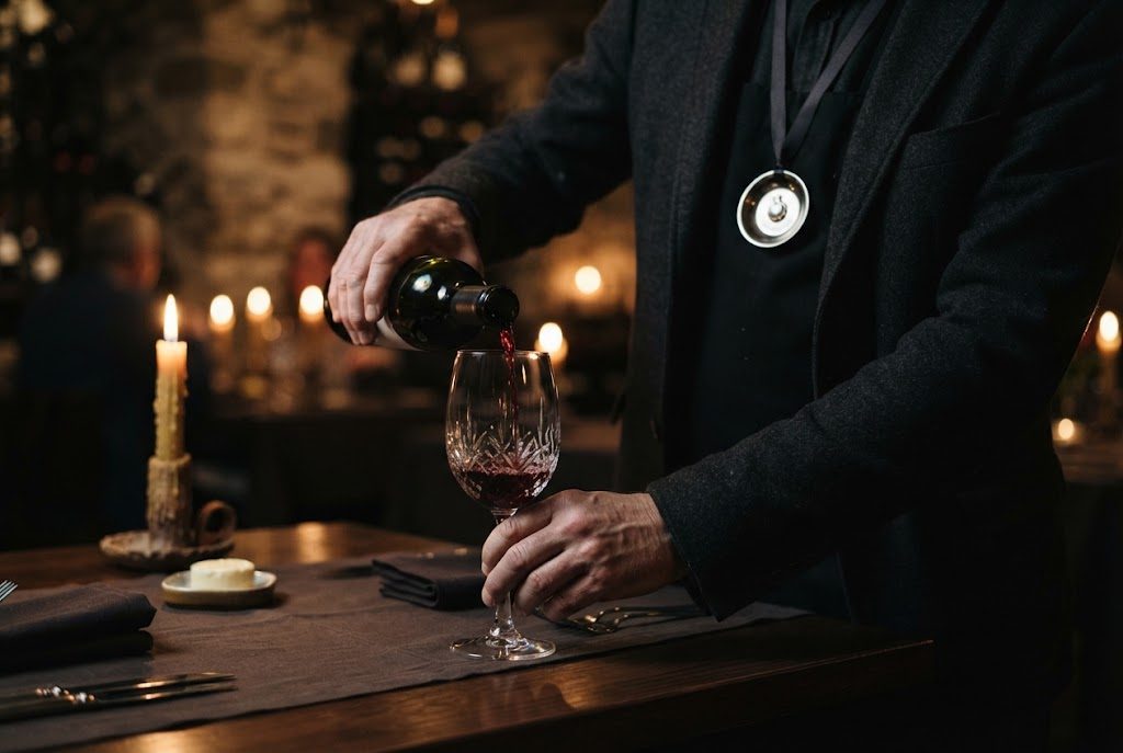 Sommelière schenkt Rotwein in ein Glas an der Weinbar des Kontor Neun ein