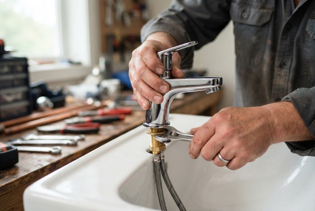 Installateur montiert eine verchromte Armatur am Waschtisch