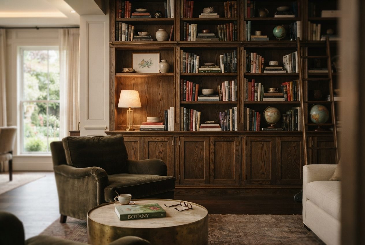 Maßgefertigtes Bücherregal aus Eiche im Wohnzimmer