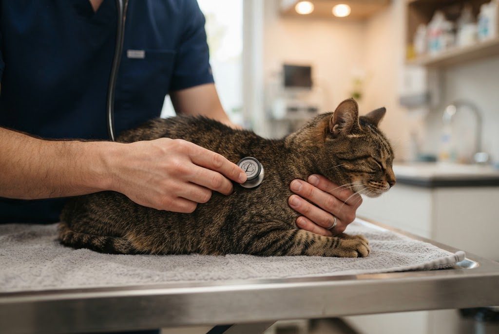 Tierärztin hört eine getigerte Katze mit dem Stethoskop ab