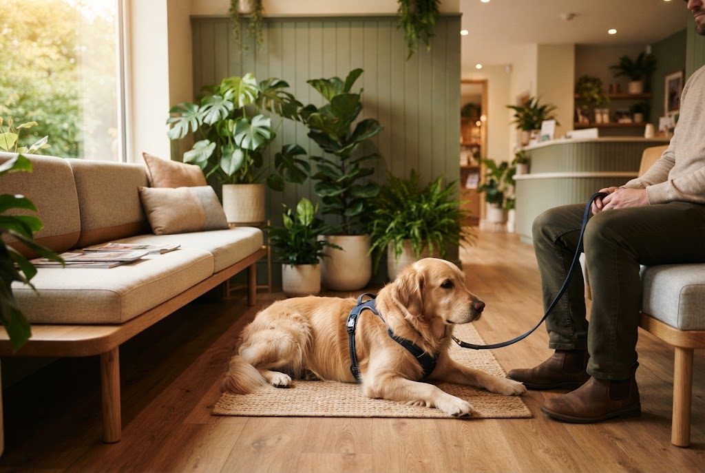 Heller Wartebereich der Praxis mit Pflanzen, ein Golden Retriever liegt an der Leine