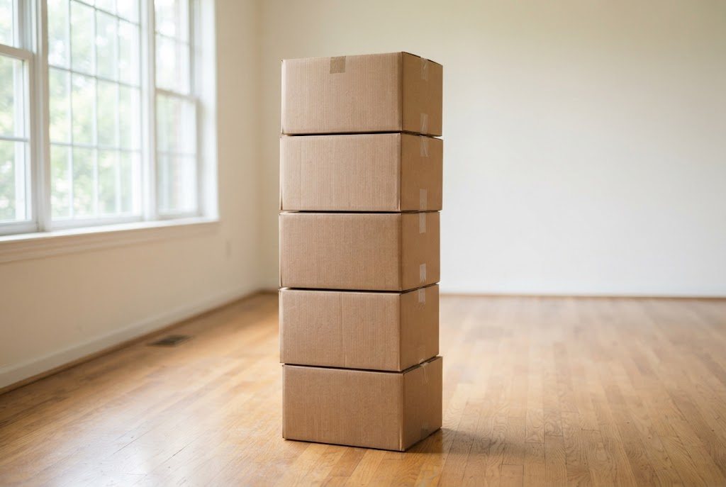 Fertig gepackte, beschriftete Umzugskartons in einem leeren Raum