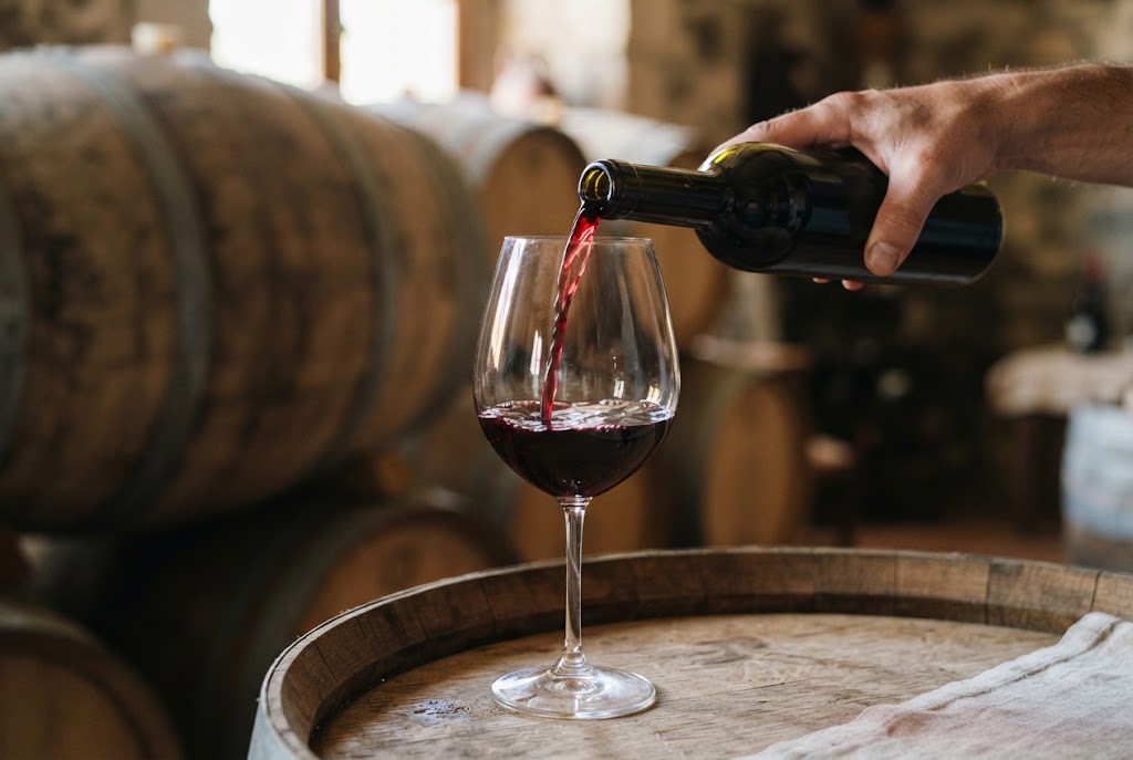 Dunkler Rotwein wird aus der Flasche in ein großes Glas eingeschenkt, im Hintergrund ein Eichenfass