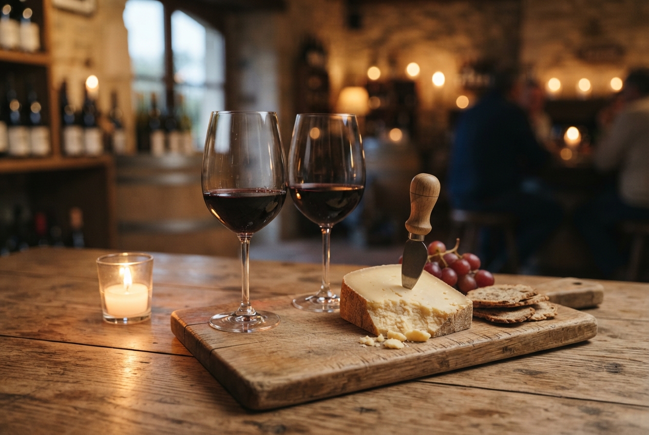 Zwei Gläser Rotwein und ein Käsebrett bei Kerzenlicht im Verkostungsraum