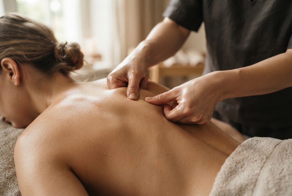 Masseurin löst mit warmem Öl eine Verspannung im Schulterbereich einer Kundin auf der Behandlungsliege