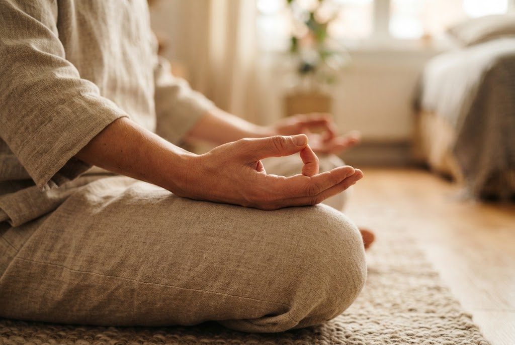 Nahaufnahme einer Hand in Meditationsgeste auf dem Knie, Person im Leinengewand sitzt im Schneidersitz