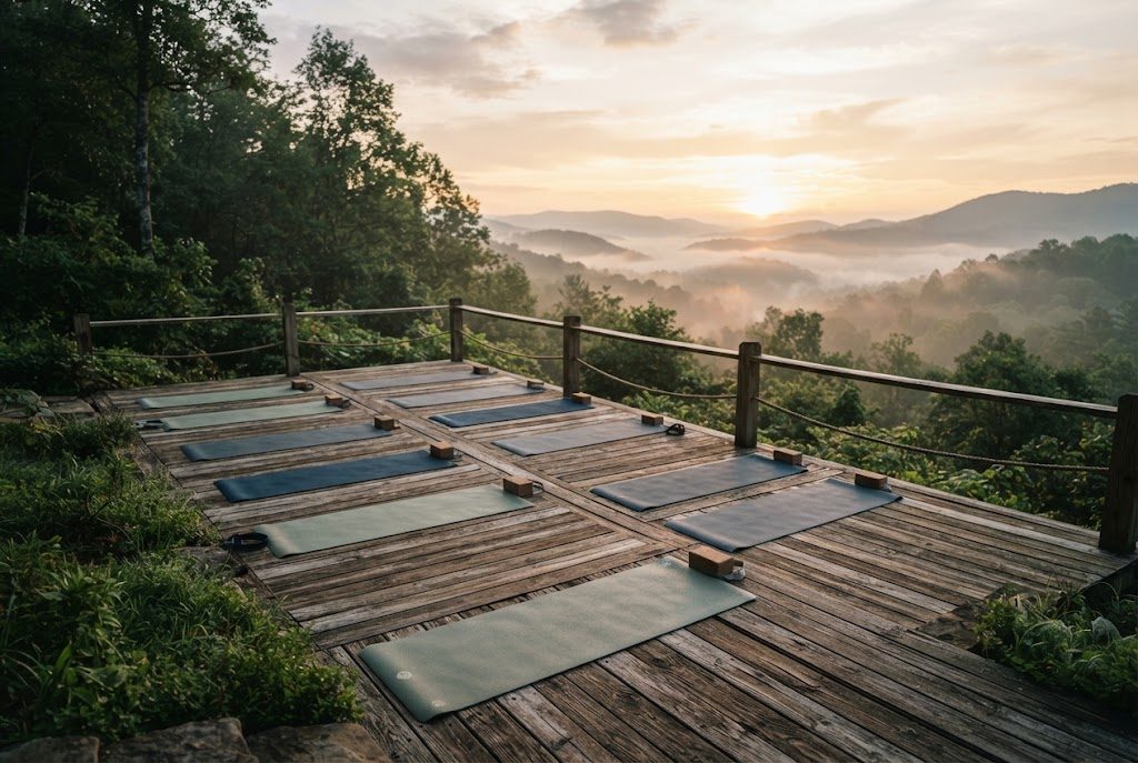 Holzterrasse mit ausgerollten Yogamatten über einem dunstigen Bergtal bei Sonnenaufgang