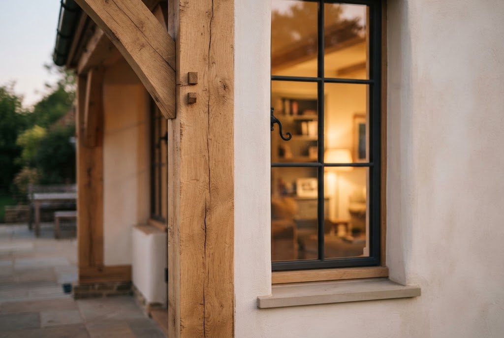 Fachwerkecke eines sanierten Hauses mit sichtbarem Eichenbalken im Abendlicht